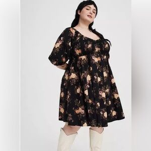 torrid Black Floral Mini Dress with Puff Sleeves